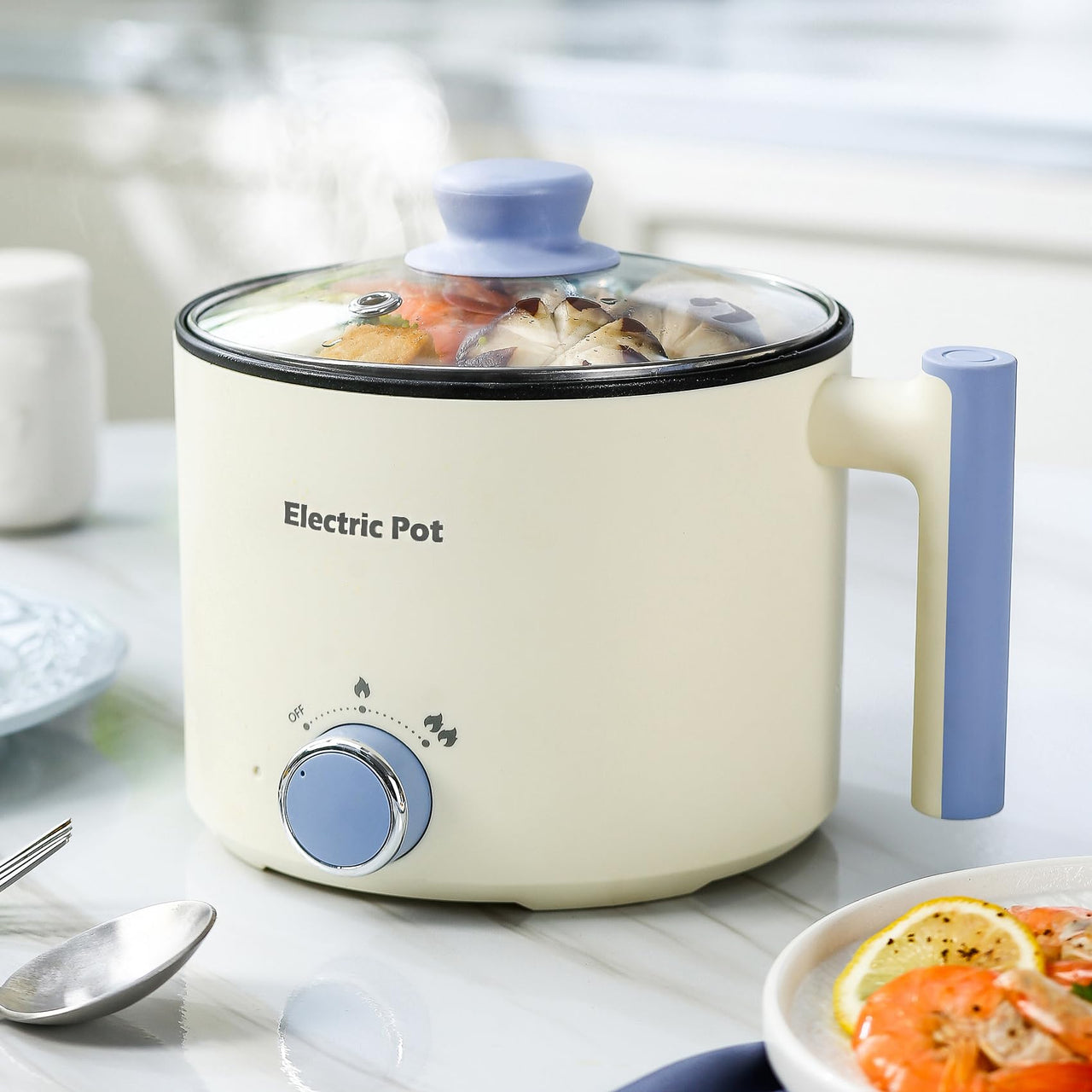 Electric Hot Pot:1.5 L Ramen Cooker, Dual Power Mini Portable Multi-Functional Lazy Pot for Pasta, Noodles, Egg, Soup, Non-Stick Noodle Cooker with Boil Dry Protection for Dorm, Office (Beige)