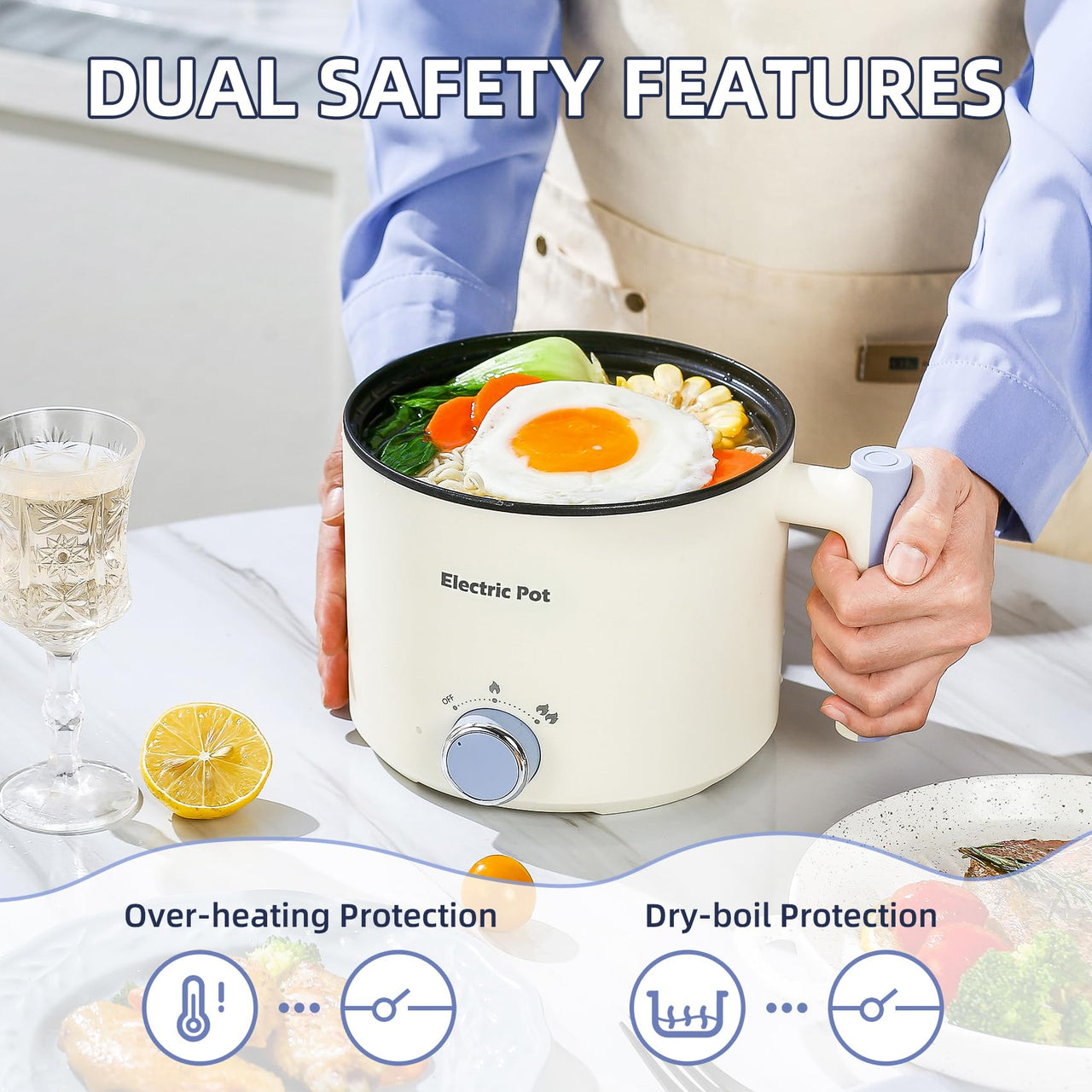 Electric Hot Pot:1.5 L Ramen Cooker, Dual Power Mini Portable Multi-Functional Lazy Pot for Pasta, Noodles, Egg, Soup, Non-Stick Noodle Cooker with Boil Dry Protection for Dorm, Office (Beige)