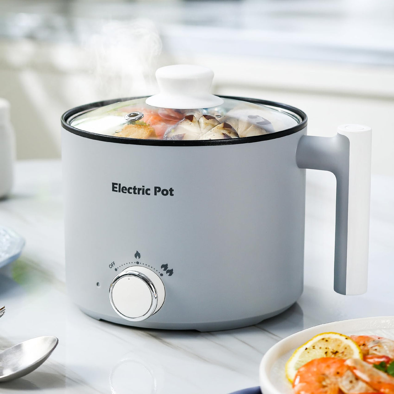 Electric Hot Pot:1.5 L Ramen Cooker, Dual Power Mini Portable Multi-Functional Lazy Pot for Pasta, Noodles, Egg, Soup, Non-Stick Noodle Cooker with Boil Dry Protection for Dorm, Office (Beige)