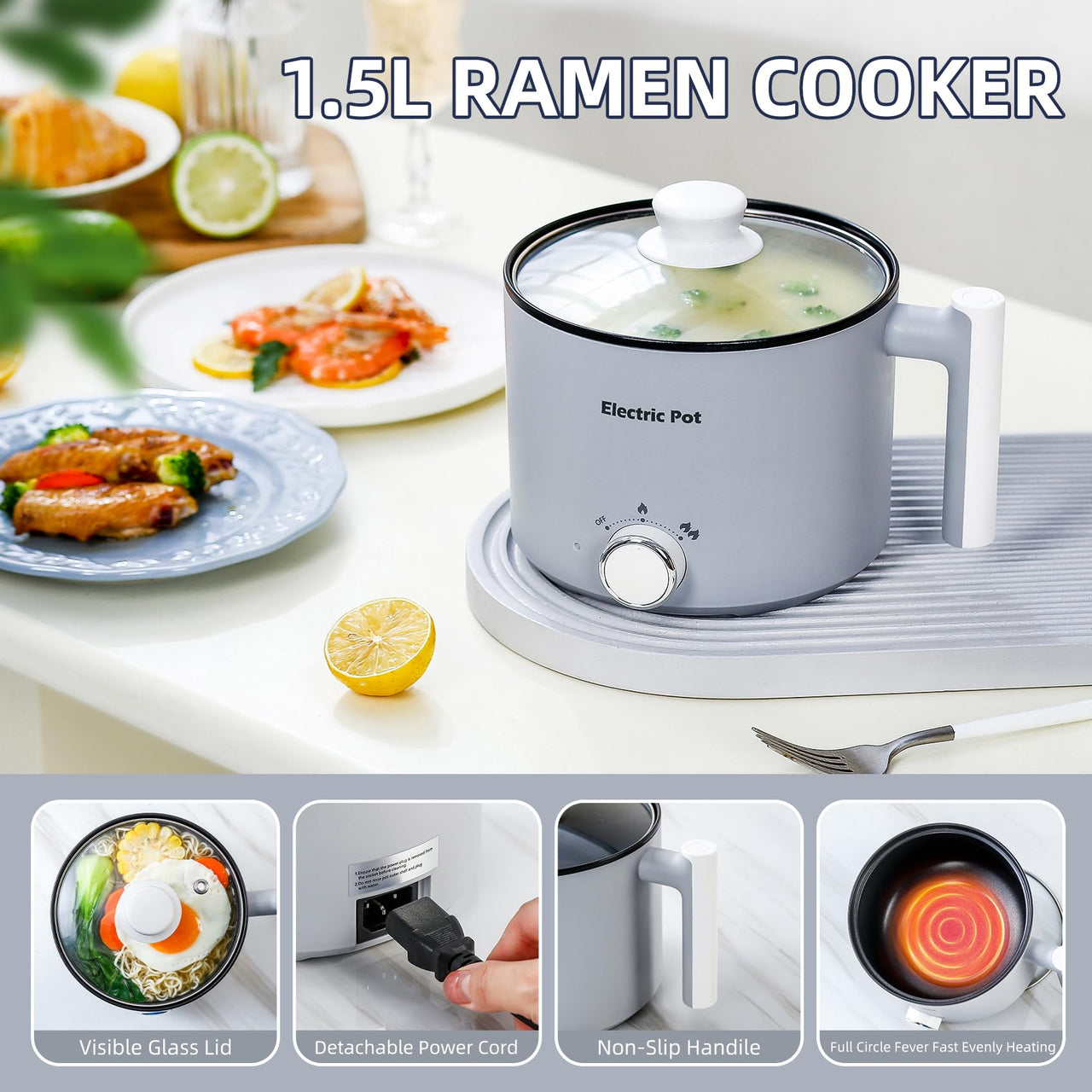 Electric Hot Pot:1.5 L Ramen Cooker, Dual Power Mini Portable Multi-Functional Lazy Pot for Pasta, Noodles, Egg, Soup, Non-Stick Noodle Cooker with Boil Dry Protection for Dorm, Office (Beige)