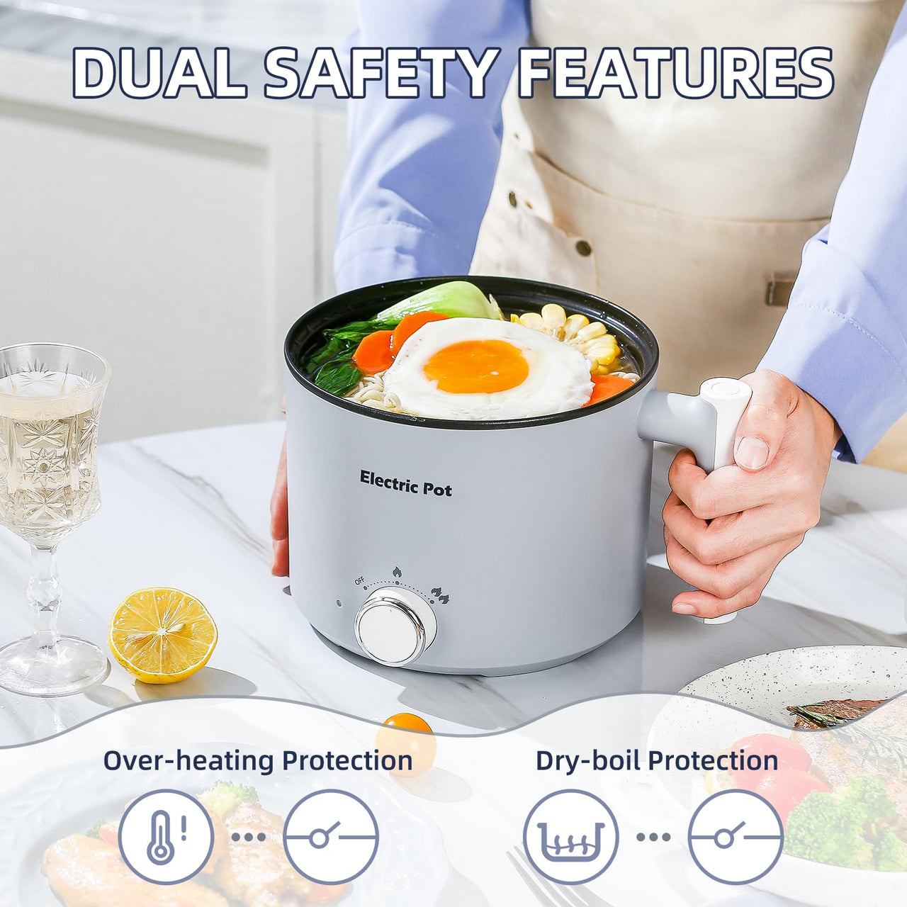 Electric Hot Pot:1.5 L Ramen Cooker, Dual Power Mini Portable Multi-Functional Lazy Pot for Pasta, Noodles, Egg, Soup, Non-Stick Noodle Cooker with Boil Dry Protection for Dorm, Office (Beige)