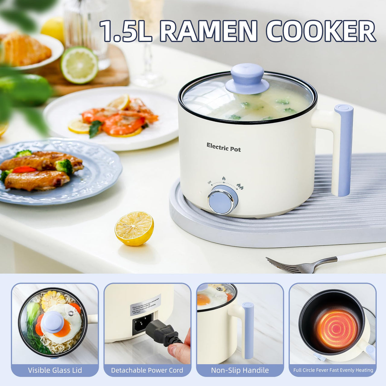 Electric Hot Pot:1.5 L Ramen Cooker, Dual Power Mini Portable Multi-Functional Lazy Pot for Pasta, Noodles, Egg, Soup, Non-Stick Noodle Cooker with Boil Dry Protection for Dorm, Office (Beige)