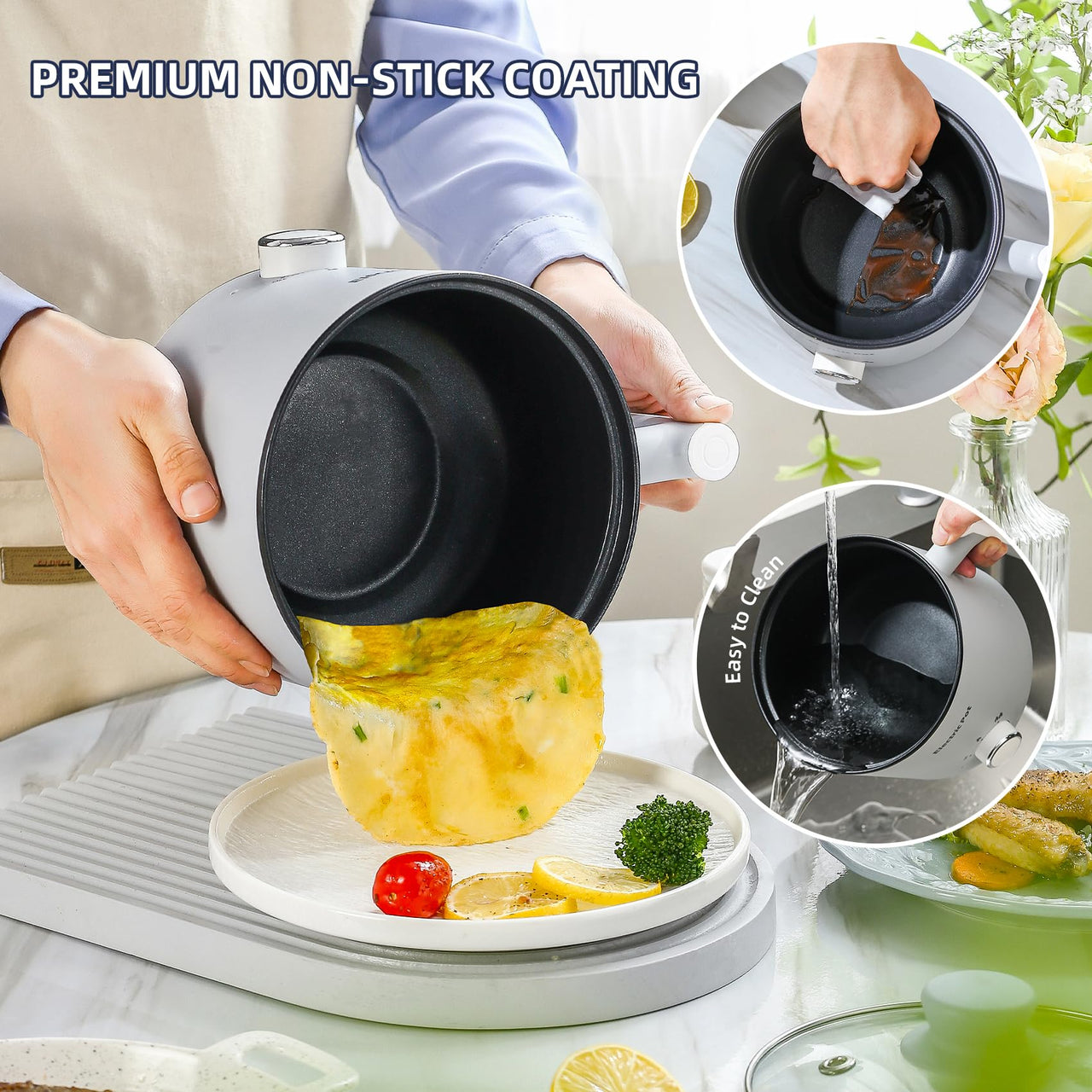 Electric Hot Pot:1.5 L Ramen Cooker, Dual Power Mini Portable Multi-Functional Lazy Pot for Pasta, Noodles, Egg, Soup, Non-Stick Noodle Cooker with Boil Dry Protection for Dorm, Office (Beige)