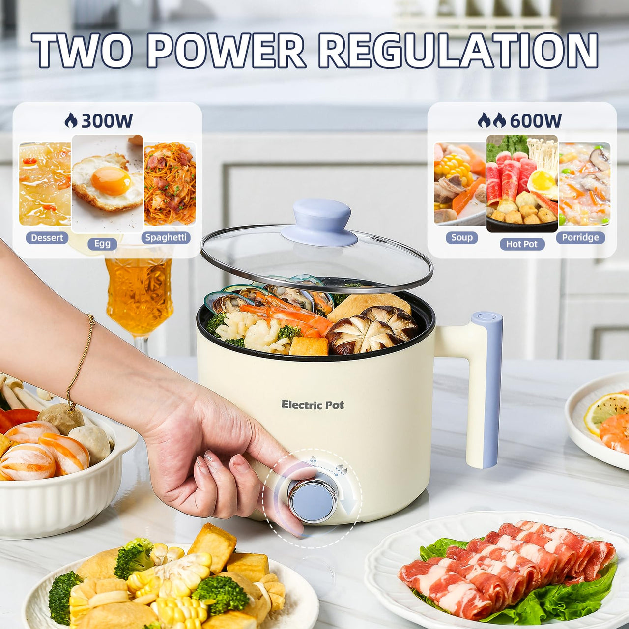 Electric Hot Pot:1.5 L Ramen Cooker, Dual Power Mini Portable Multi-Functional Lazy Pot for Pasta, Noodles, Egg, Soup, Non-Stick Noodle Cooker with Boil Dry Protection for Dorm, Office (Beige)