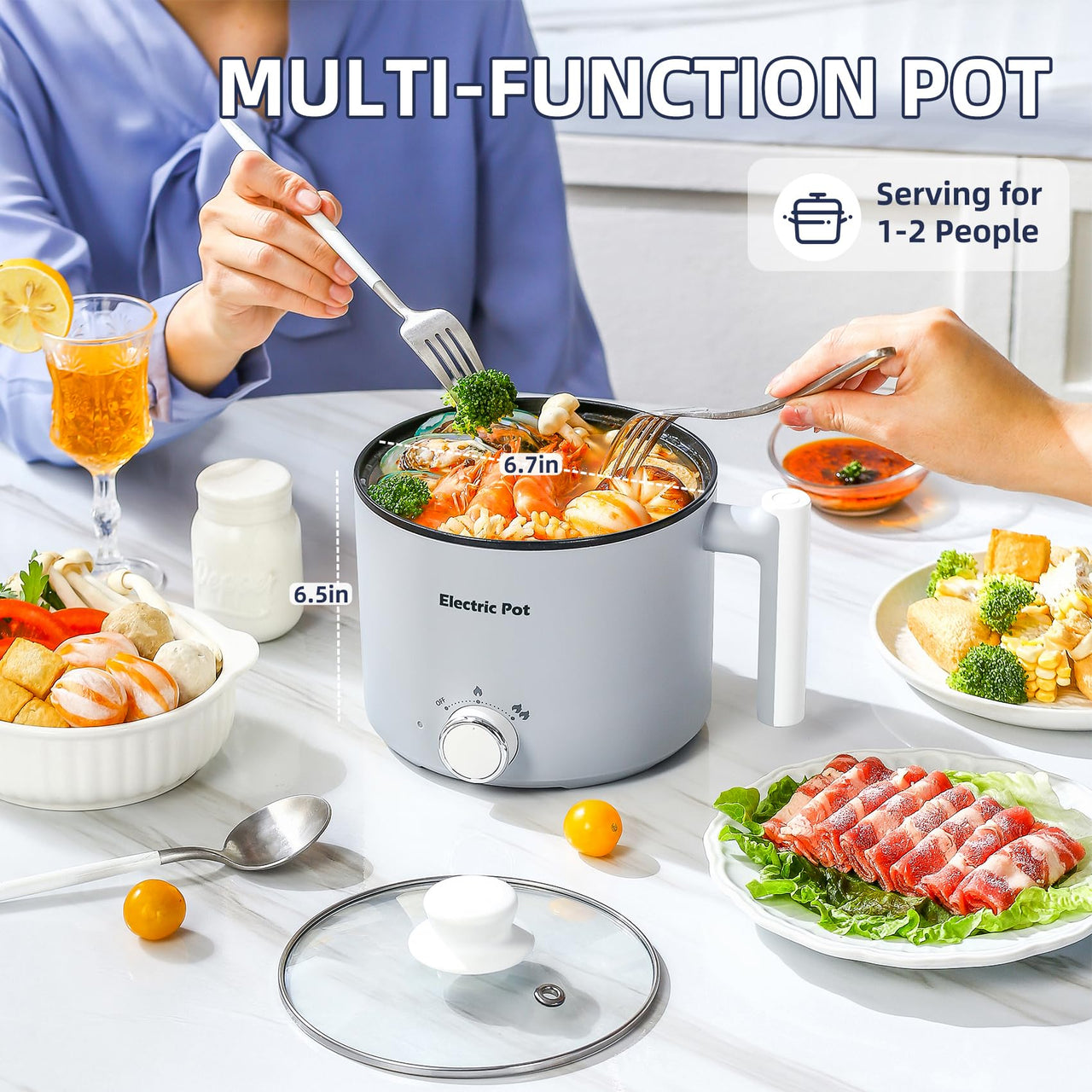 Electric Hot Pot:1.5 L Ramen Cooker, Dual Power Mini Portable Multi-Functional Lazy Pot for Pasta, Noodles, Egg, Soup, Non-Stick Noodle Cooker with Boil Dry Protection for Dorm, Office (Beige)