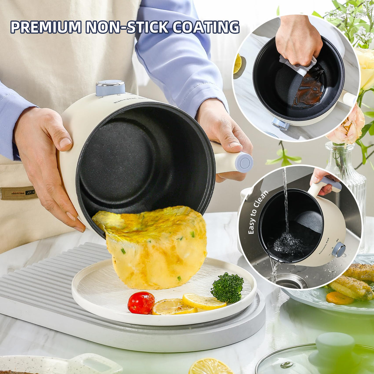 Electric Hot Pot:1.5 L Ramen Cooker, Dual Power Mini Portable Multi-Functional Lazy Pot for Pasta, Noodles, Egg, Soup, Non-Stick Noodle Cooker with Boil Dry Protection for Dorm, Office (Beige)