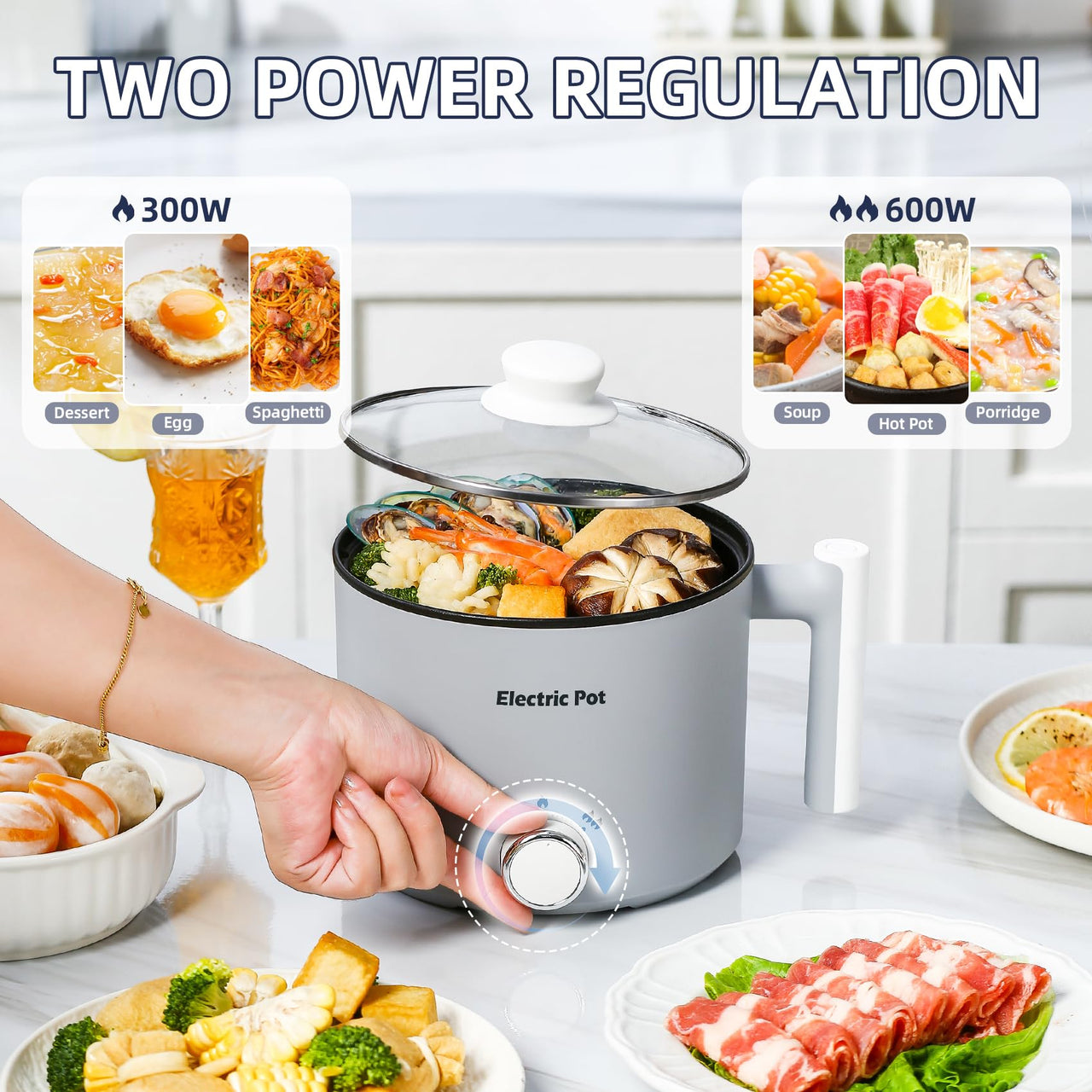 Electric Hot Pot:1.5 L Ramen Cooker, Dual Power Mini Portable Multi-Functional Lazy Pot for Pasta, Noodles, Egg, Soup, Non-Stick Noodle Cooker with Boil Dry Protection for Dorm, Office (Beige)