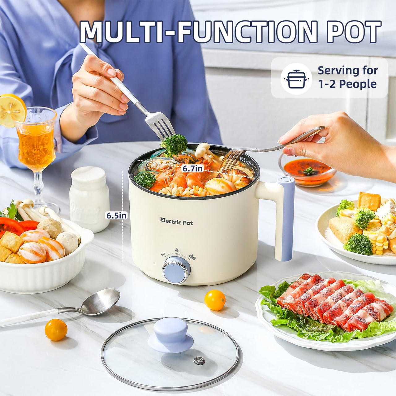 Electric Hot Pot:1.5 L Ramen Cooker, Dual Power Mini Portable Multi-Functional Lazy Pot for Pasta, Noodles, Egg, Soup, Non-Stick Noodle Cooker with Boil Dry Protection for Dorm, Office (Beige)