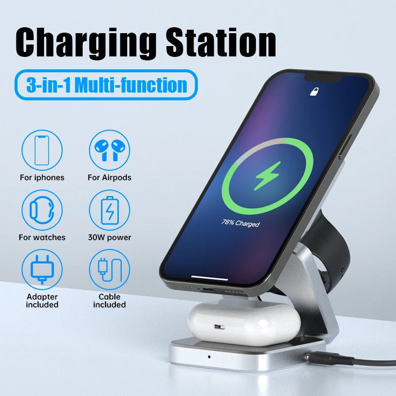 3 in 1 Sleek & Black Wireless Charging Station